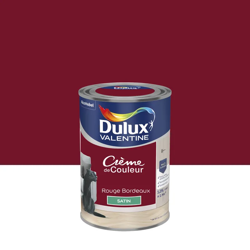 Peinture Crème de Couleur Rouge Bordeaux satin 1,25 l - DULUX VALENTINE Prix Réduit