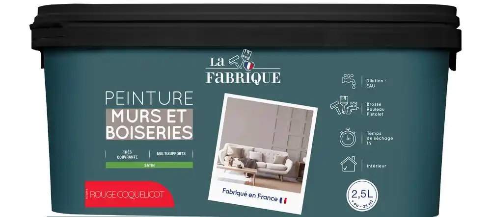 Peinture mur et boiserie Rouge Coquelicot satin 2,5 l - LA FABRIQUE Soldes