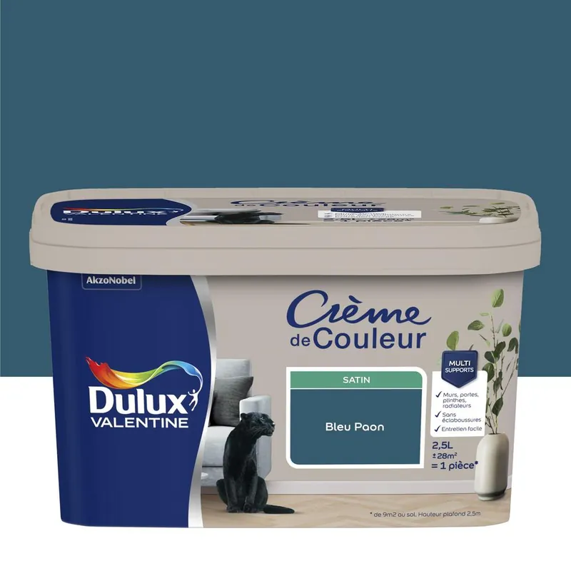 Peinture Crème de couleur Bleu Paon satin 2,5 l - DULUX Super Prix