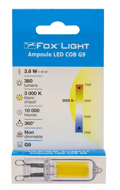 Promotion Saisonnière Ampoule LED G9 COB 3.8W = 410 lumens blanc chaud FOXLIGHT