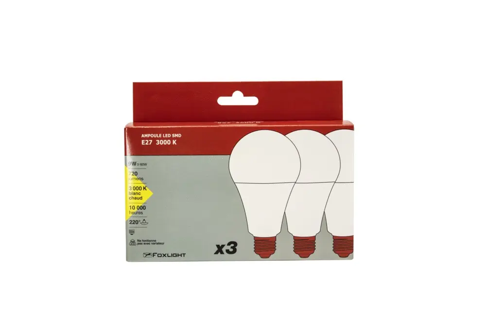 Satisfait Ou Remboursé Lot de 3 ampoules LED standard E27 9W = 720 lumens blanc chaud - FOXLIGHT
