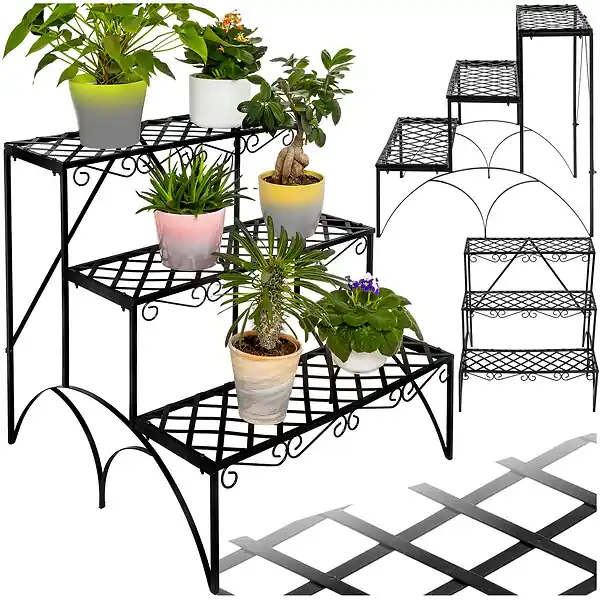 Certifié Etagère pour plantes droite 3 niveaux noir TECTAKE