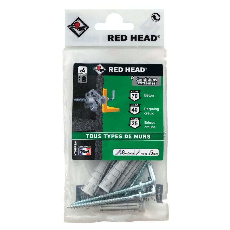 Marque Chevilles nylon Nordtech 8 x 40 mm avec gonds par 4 RED HEAD