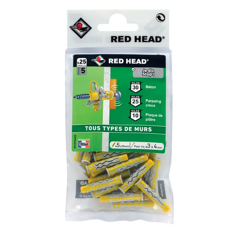Chevilles bi-matière MX 5 x 30 mm par 25 RED HEAD Prix Bas