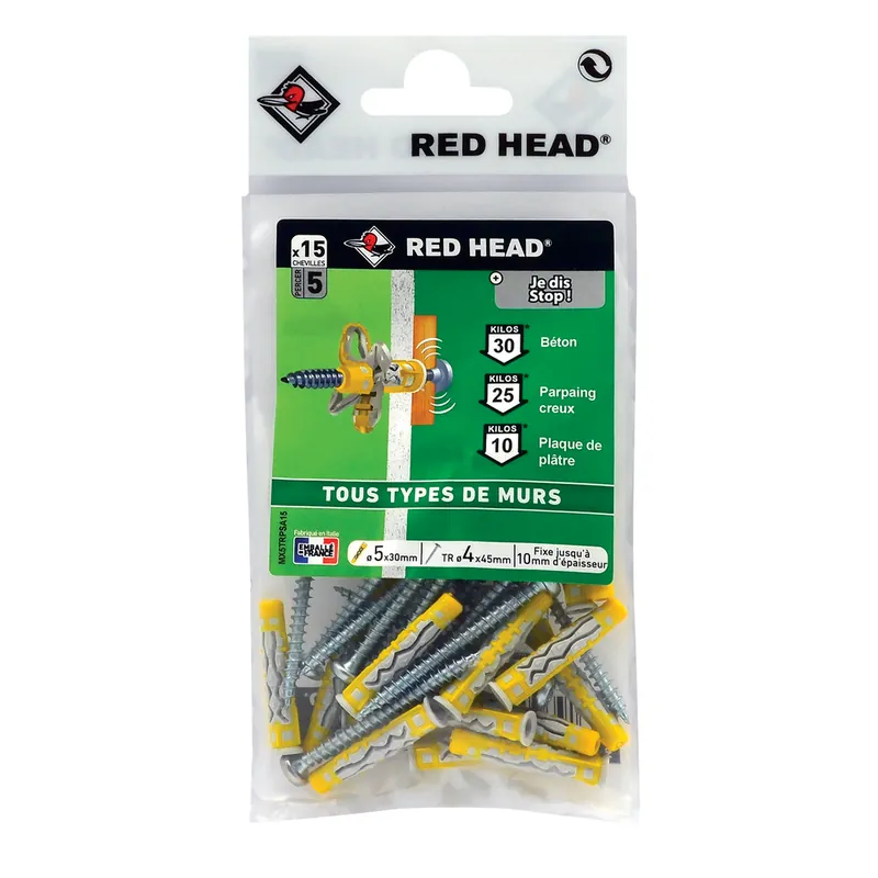 Chevilles bi-matière MX 5 x 30 mm avec vis tr 3.5 x 40 mm par 15 RED HEAD Solde