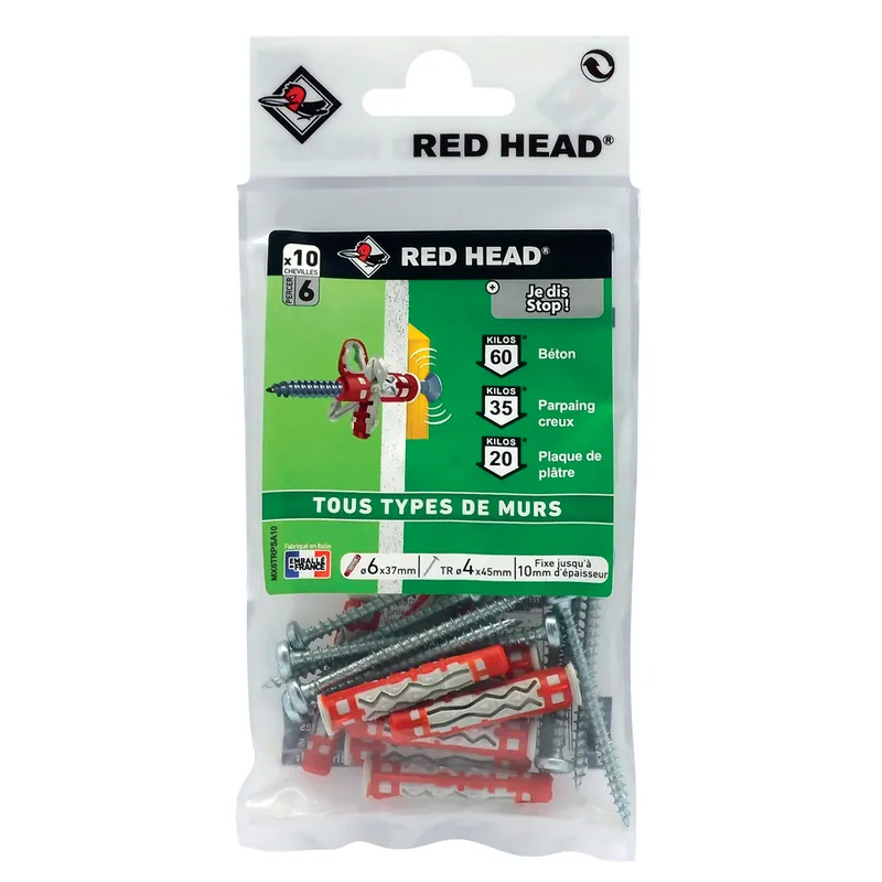 Top Vente Chevilles bi-matière MX 6 x 37 mm avec vis tr 4 x 45 mm par 10 RED HEAD