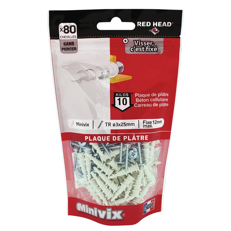 Chevilles autoforeuses Minivix avec vis 3 x 25 mm par 80 RED HEAD Livraison Express