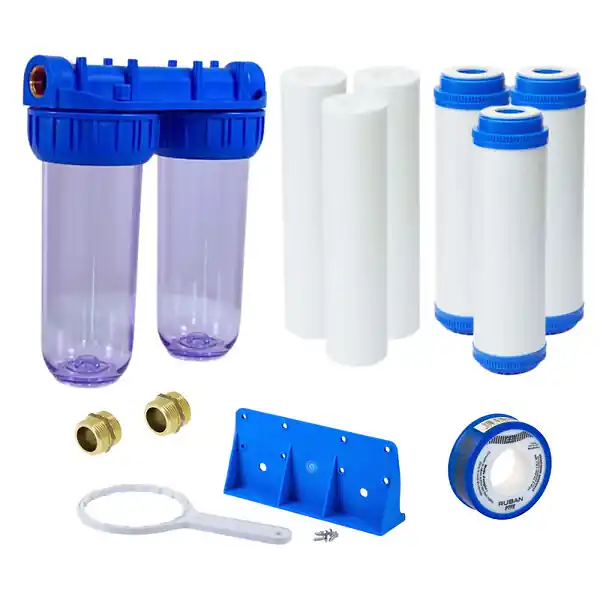Swiss Aqua Technologies Double bol transparent pour filtres universels 10", prêt à raccorder 3/4" + 3 filtres + 3 filtres charbon actif (SATHF34DX6) Dernière Chance