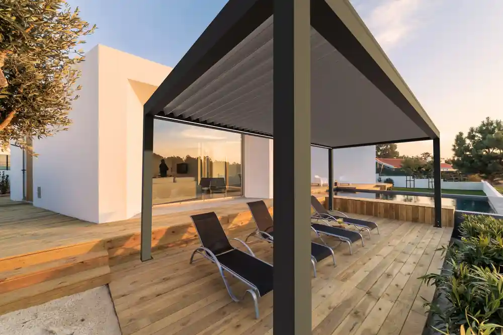 Réduction Pergola bioclimatique Ouessant autoportante grise 3 x 6 m HOMALU