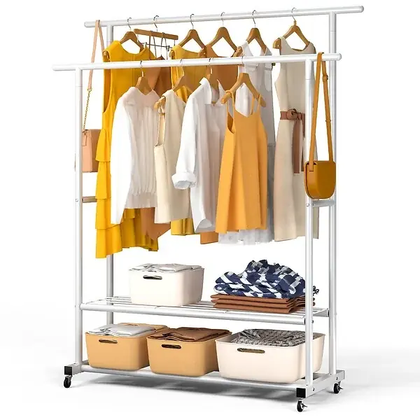 Portant a Vetements double avec roulettes et 2 etageres de rangement 120x40x146cm metal Blanc VOUNOT Dernière Chance