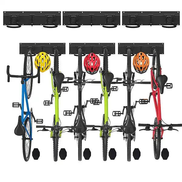 Acheter Direct Support mural rangement pour 6 velos et 3 casques rails et crochets metal noir VOUNOT