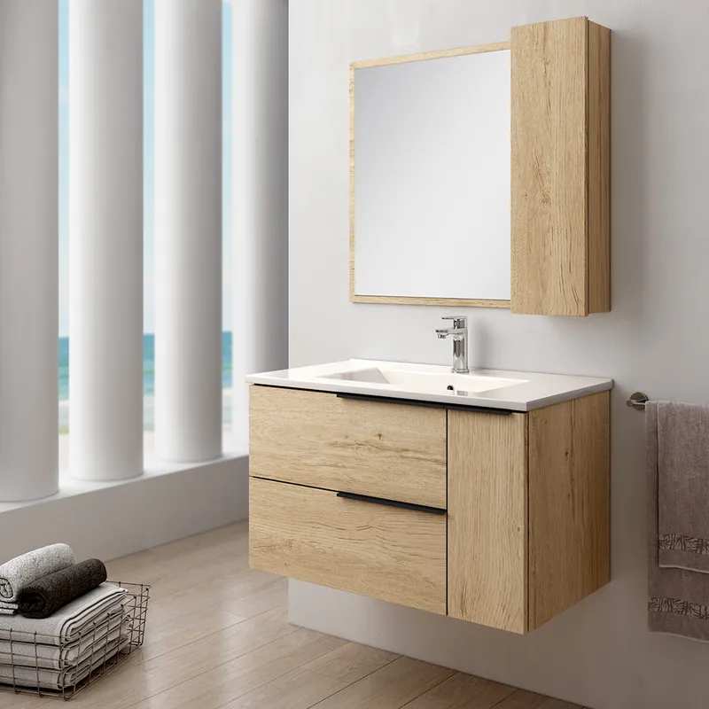 Meuble de salle de bains Reign + vasque centrée 2 tiroirs 1 porte L80 x H48 x P46 cm bois mélaminé chêne clair - EGORE Remise