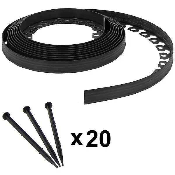 Bordure de jardin flexible noire - 5 cm x 10 mètres avec 20 piquets d‘ancrage GT GARDEN Promotion Saisonnière