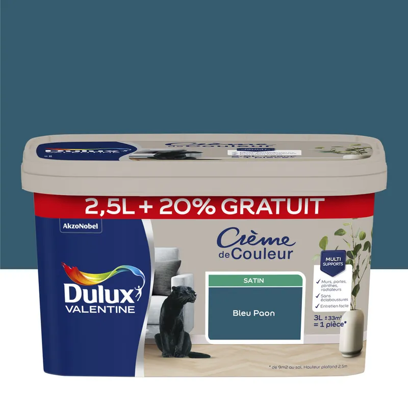 Must-Have Peinture Crème de Couleur Bleu Paon satin 2,5 l + 20 % - DULUX VALENTINE