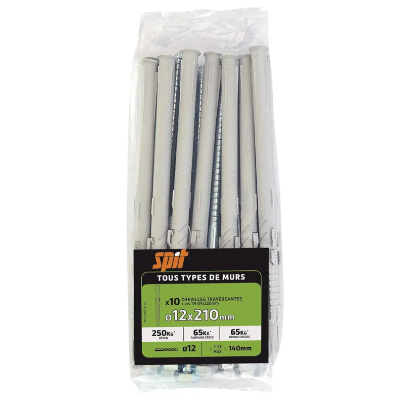 Chevilles nylon prolong 12 x 210 mm avec vis tête hexagonale 9 x 220 mm par 10 SPIT Satisfait Ou Remboursé