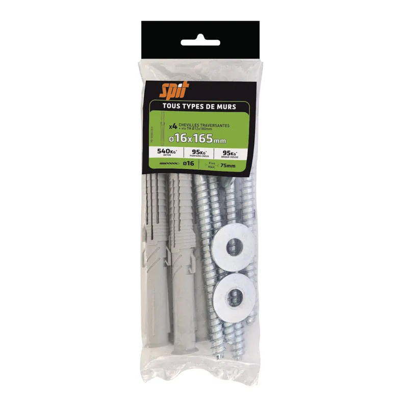 Chevilles nylon prolong 16 x 165 mm avec vis tête hexagonale 12 x 180 mm par 4 SPIT Dernier Modèle
