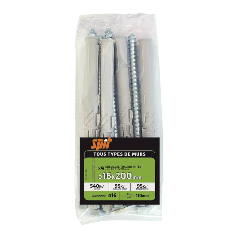 Chevilles nylon prolong 16 x 200 mm avec vis tête hexagonale 12 x 215 mm par 4 SPIT Super Prix
