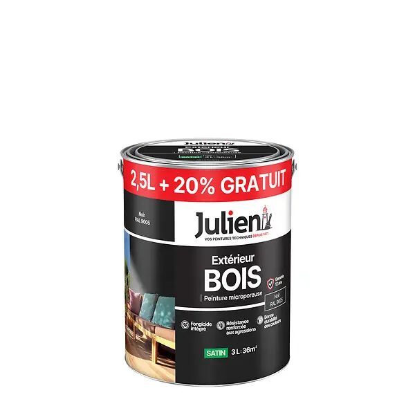 Peinture bois extérieur microporeuse satin - Noir - 2,5L JULIEN Livraison Express