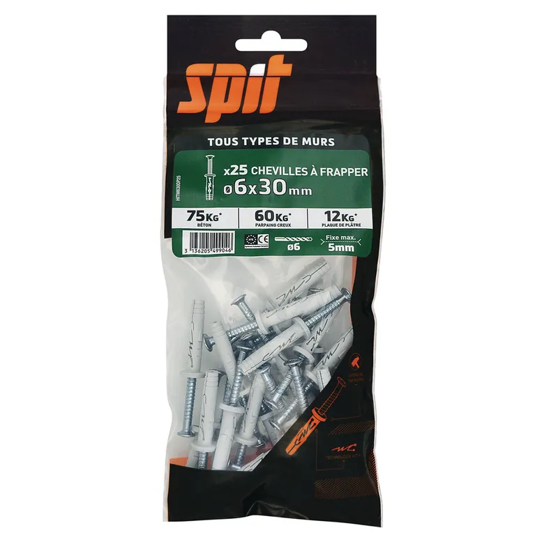 Chevilles à frapper Hit diamètre 6 x 30 mm par 25 SPIT Satisfait Ou Remboursé