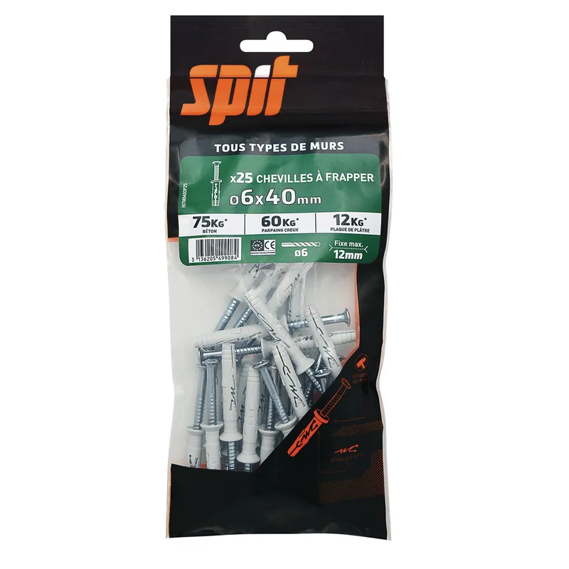 Chevilles à frapper Hit diamètre 6 x 40 mm par 25 SPIT Prix Cassé
