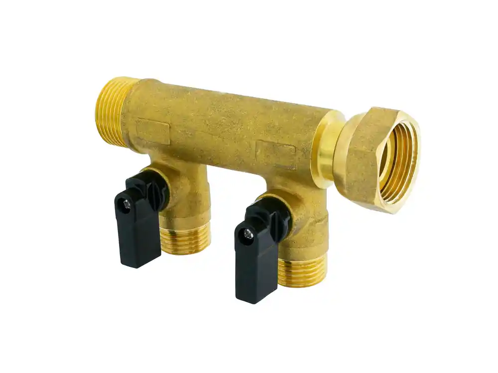 Collecteur 2 départs mâle 15 x 21 écrou libre mâle femelle 20 x 27 avec vanne 1/4 de tour QUICK PLOMBERIE Offre Du Jour