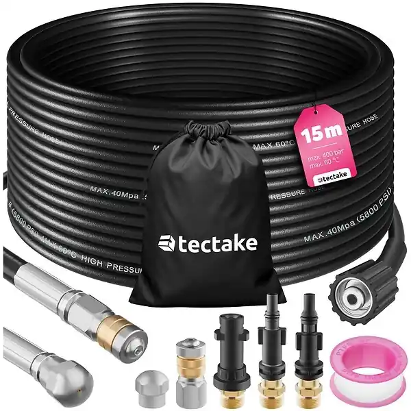 Kit de nettoyage et de débouchage de canalisations avec 1 tuyau, 2 buses et 3 adaptateurs noir TECTAKE Usine Directe