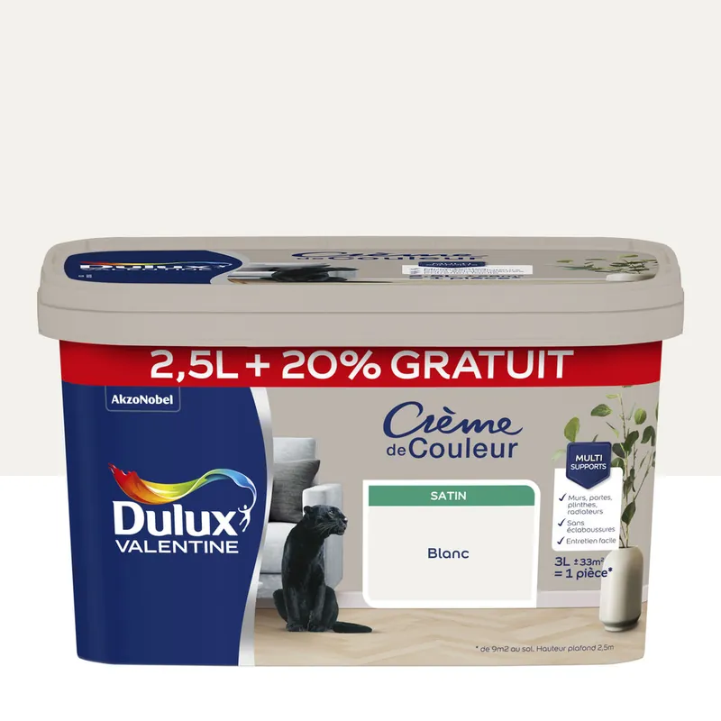 Peinture Crème de Couleur Blanc satin 2,5 l + 20 % - DULUX VALENTINE Seulement Aujourd'hui