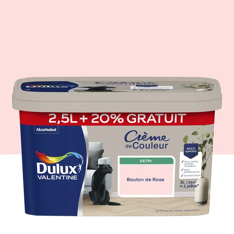 Satisfait Ou Remboursé Peinture Crème de Couleur Bouton de Rose satin 2,5 l + 20 % - DULUX VALENTINE