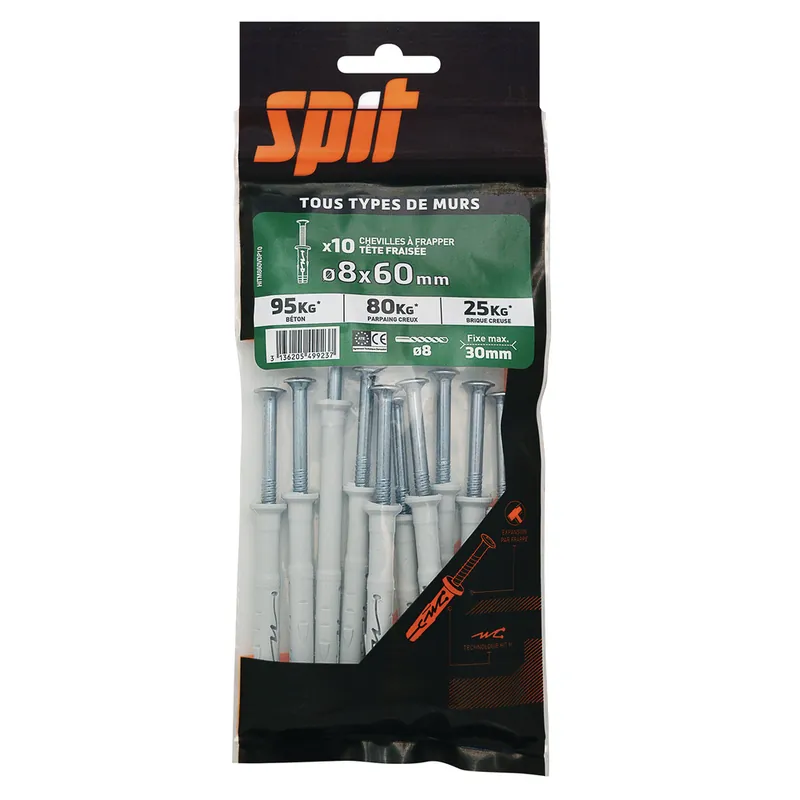 Meilleur Choix Chevilles à frapper Hit diamètre 8 x 60 mm tête fraisée par 10 SPIT