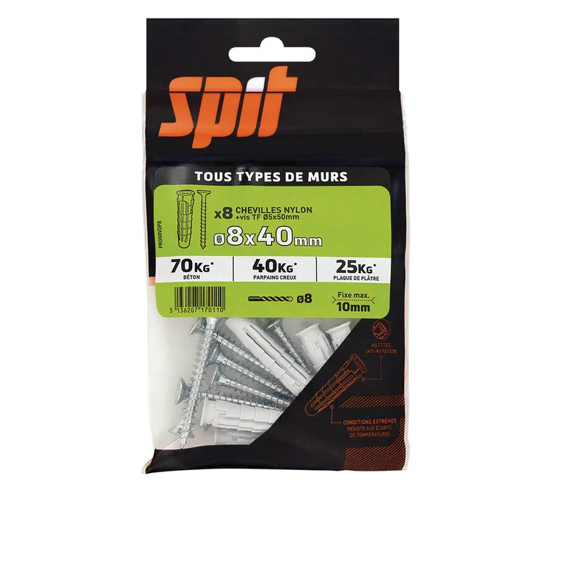 Chevilles nylon pro 8 x 40 mm avec vis tête fraisée 5 x 50 mm par 8 SPIT Must-Have