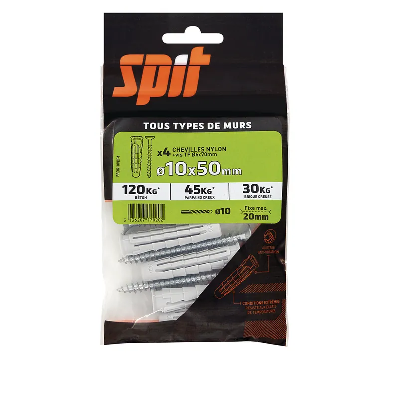 Chevilles nylon pro 10 x 50 mm avec vis tête fraisée 6 x 70 mm par 4 SPIT Usine Directe