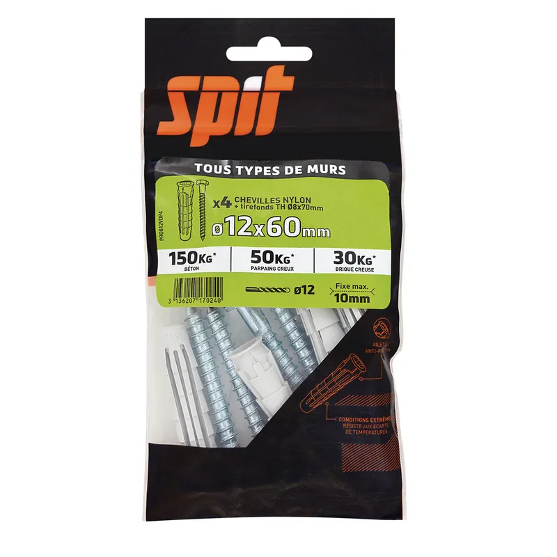 Retour Gratuit Chevilles nylon pro 12 x 60 mm avec tirefonds 8 x 70 mm par 4 SPIT