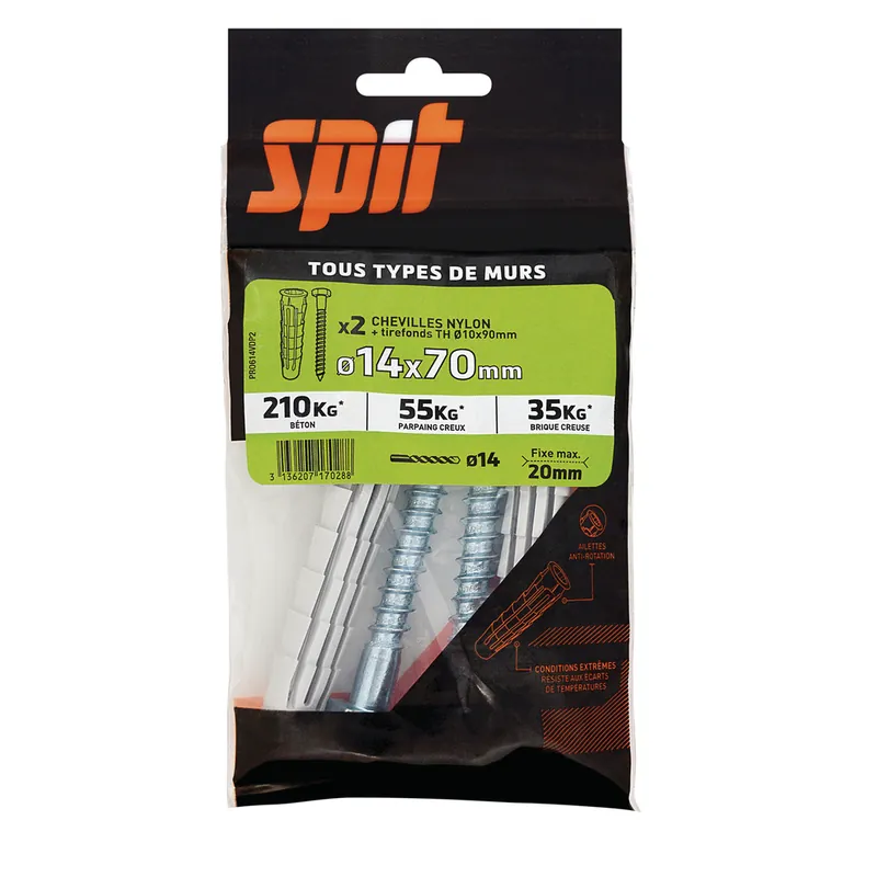 Super Prix Chevilles nylon pro diamètre 14 x 70 mm + tirefonds 10 x 90 mm par 2 SPIT