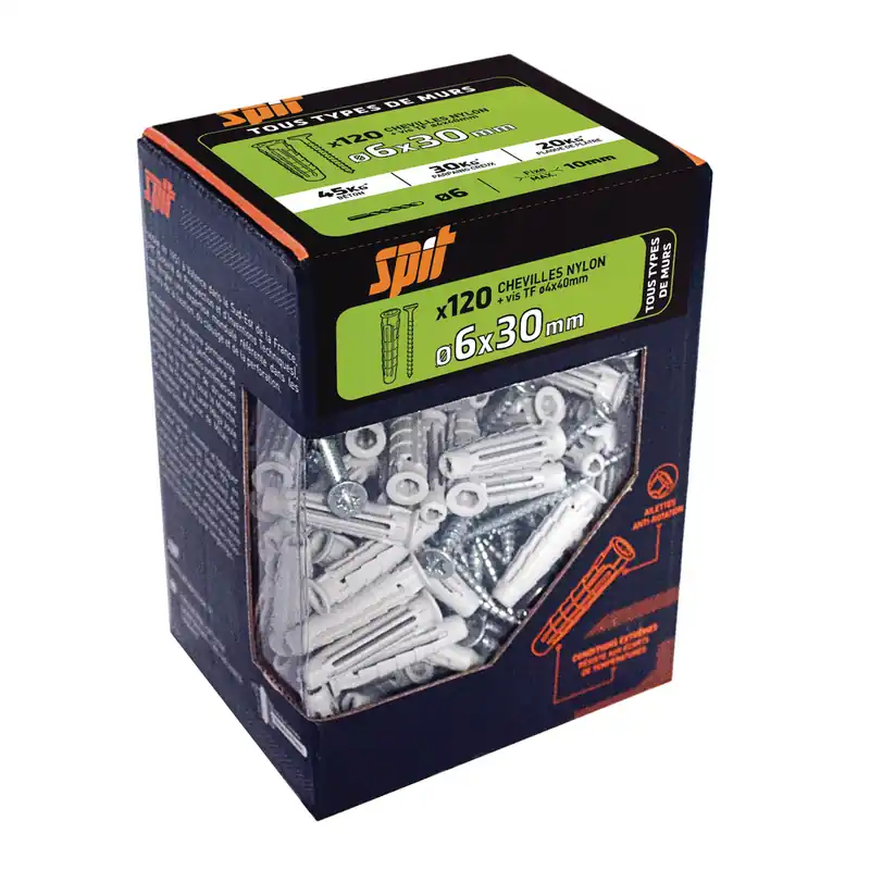 Chevilles nylon pro 6 x 30 mm avec vis tête fraisée 4 x 40 mm par 120 SPIT Acheter Direct