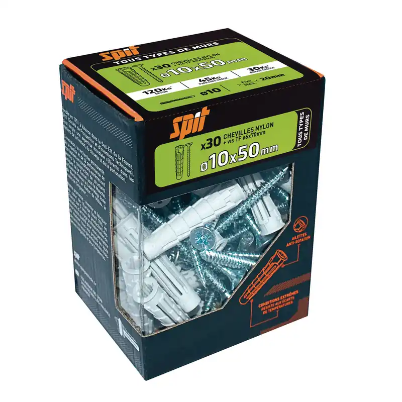Prix Promo Chevilles nylon pro 10 x 50 mm avec vis tête fraisée 6 x 70 mm par 30 SPIT