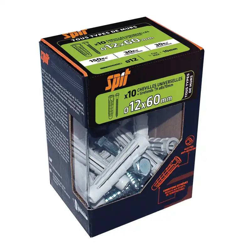 Chevilles nylon pro 12 x 60 mm avec tirefonds 8 x 70 mm par 10 SPIT Expédition Rapide