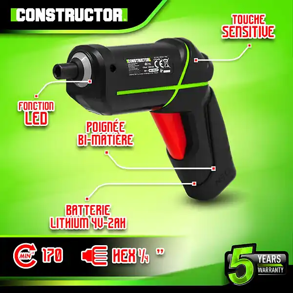 Meilleur Choix Tournevis rechargeable 4V lithium avec accessoires - 4.5Nm CONSTRUCTOR