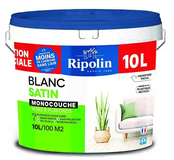 Peinture murs et plafonds - Monocouche - Blanc - Satin - 10L RIPOLIN Prix Réduit