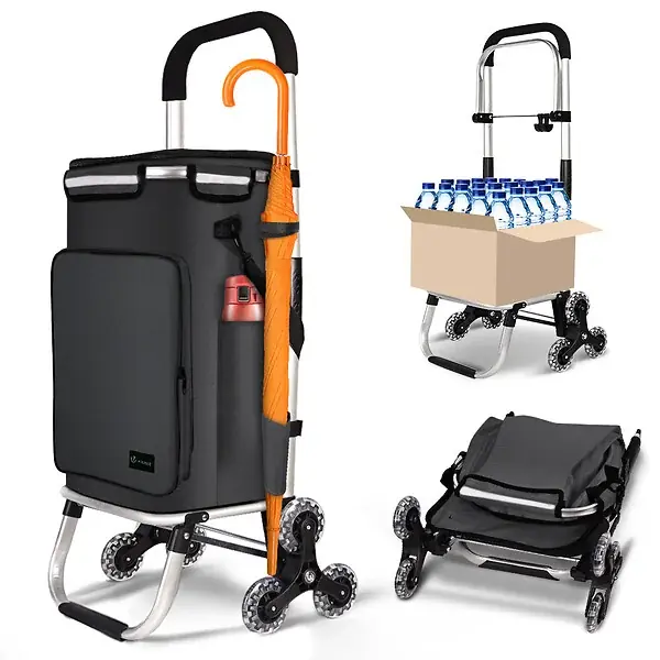 Chariot de course pliable monte escalier aluminium avec crochets noir VOUNOT Produit De Marque