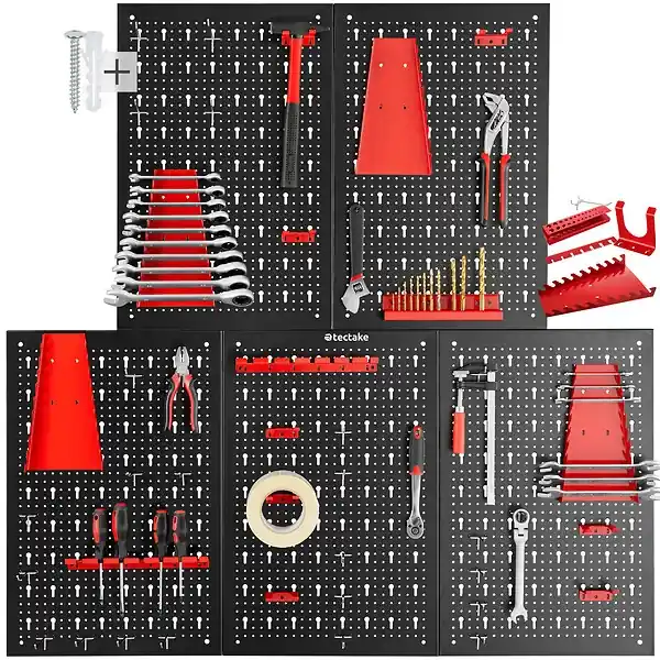 Livraison Express Panneau perforé JONAH avec crochets et supports noir/rouge TECTAKE