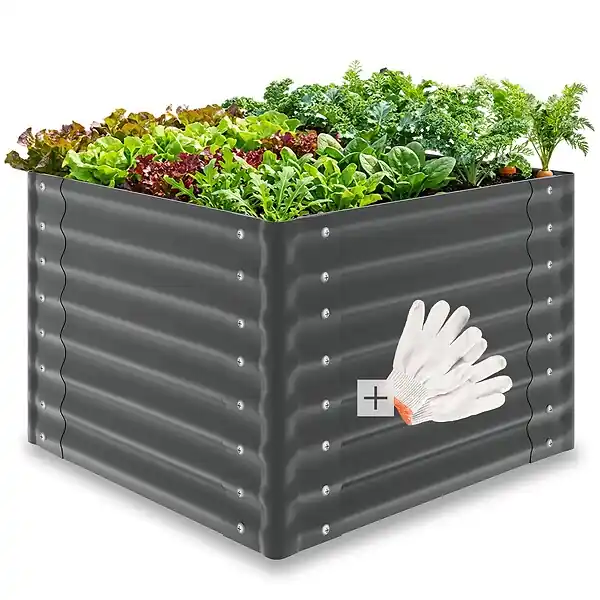 Bac potager surélevé en acier galvanisé 80x80x62cm 380L gris fond ouvert hauteur ergonomique herbes légumes fleurs gants jardinage inclus TECTAKE Offre Spéciale