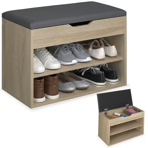Banc à chaussures JASMINA avec coussin d‘assise 60x30x43,5cm Bois clair, Chêne Sonoma TECTAKE Prix Réduit