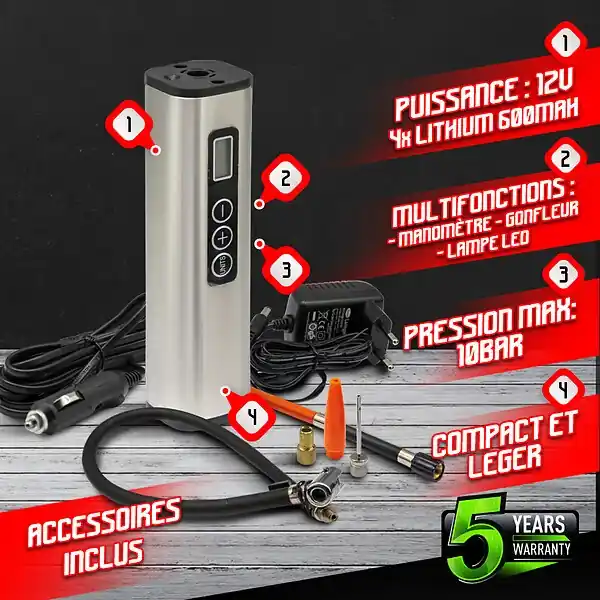 Acheter En Ligne Compresseur rechargeable 12V + accessoires - Const CONSTRUCTOR