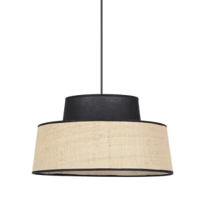 Authentique Suspension coton noir et raphia naturel E27 100W Ø38 cm MALLORCA - COREP