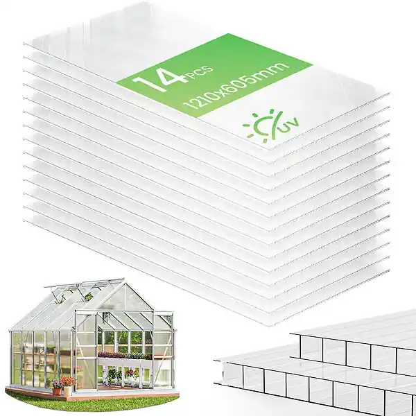 Vente Flash 14 x Plaques de polycarbonate alveolaires transparent creux 4mm 121x60.5cm VOUNOT