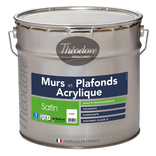 Nouvel Arrivage Peinture acrylique satin murs et plafonds Blanc 10L THEODORE PEINTURES