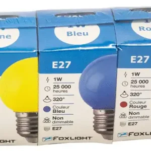 Prix Cassé Lot de 5 ampoules LED sphériques colorées E27 1W=50 lumens FOXLIGHT