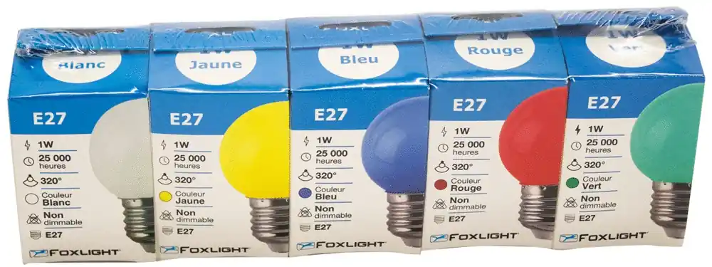 Prix Cassé Lot de 5 ampoules LED sphériques colorées E27 1W=50 lumens FOXLIGHT