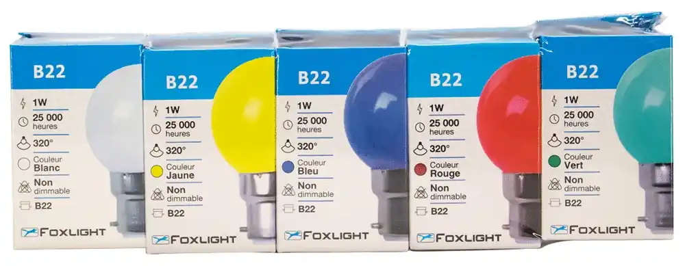 Lot de 5 ampoules LED sphériques colorées B22 1W=50 lumens FOXLIGHT Commander Vite