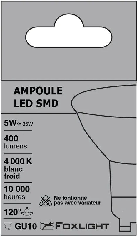 Acheter En Ligne Ampoule GU10 5W = 400 lumens blanc neutre FOXLIGHT